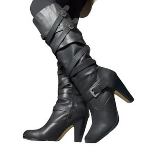 Strappy Knee-High Heeled Boots with Buckles - Size 9